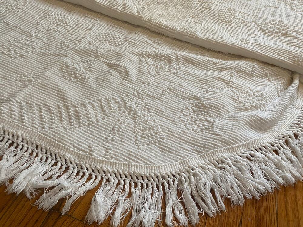 Vintage Crown Craft White Chenille Bedspread Coverlet Bohemian Queen Fringe